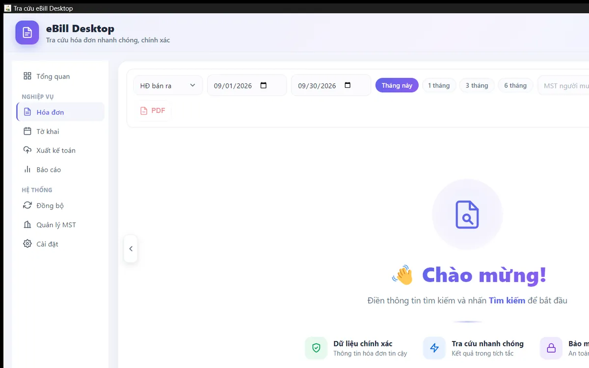 eBill Desktop: màn hình tra cứu hóa đơn